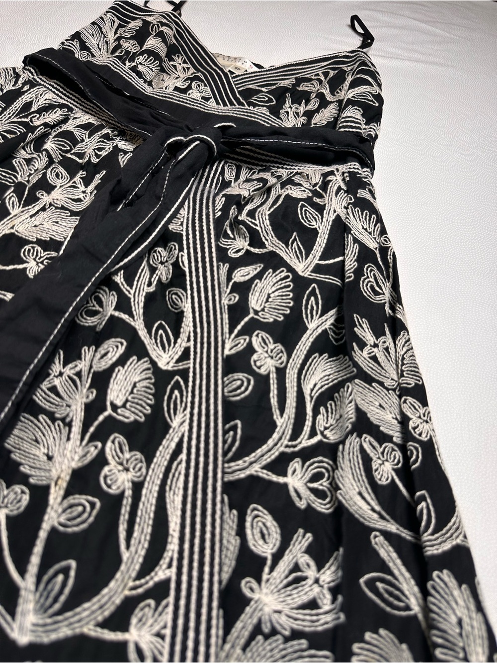 Studio M Petite Black White Embroidered Cotton Sundress SP Tie Waist Boho Sash - Picture 9 of 10